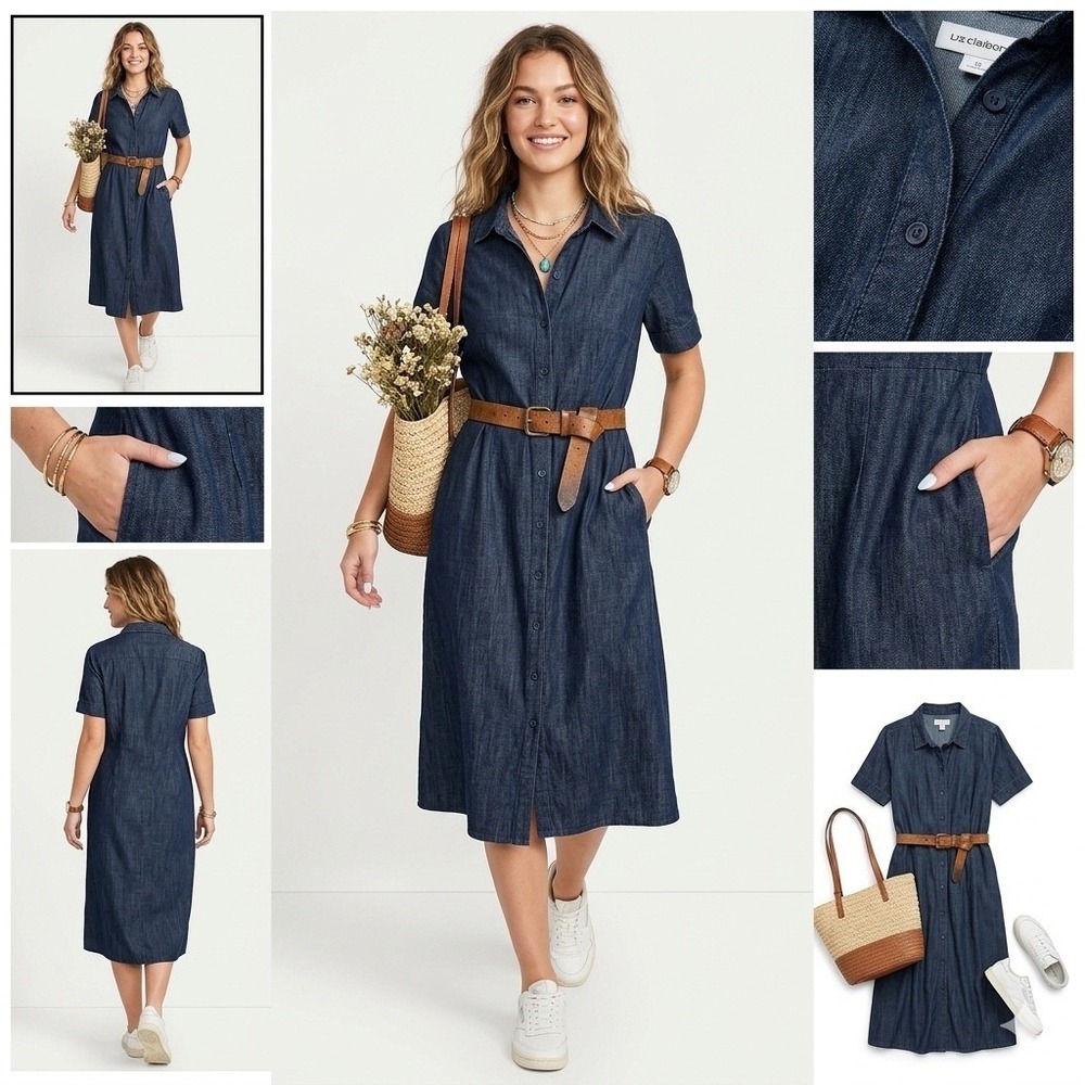 Liz Claiborne Womens Blue Denim Button Front Midi Shirt Dress Sz 12 Short Sleeve